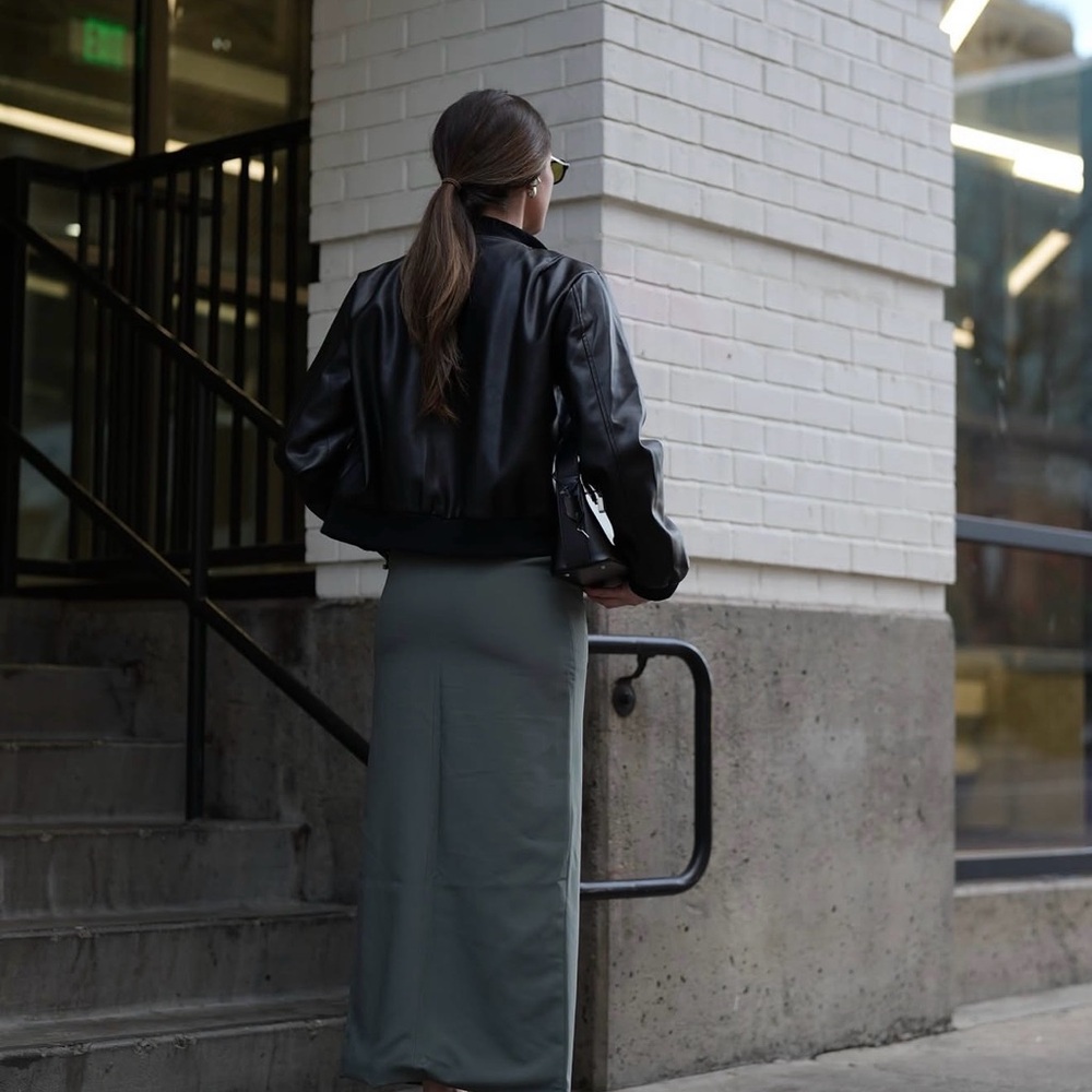 REVOLVE Black Leather Bomber Jacket with Olive Green Skirt